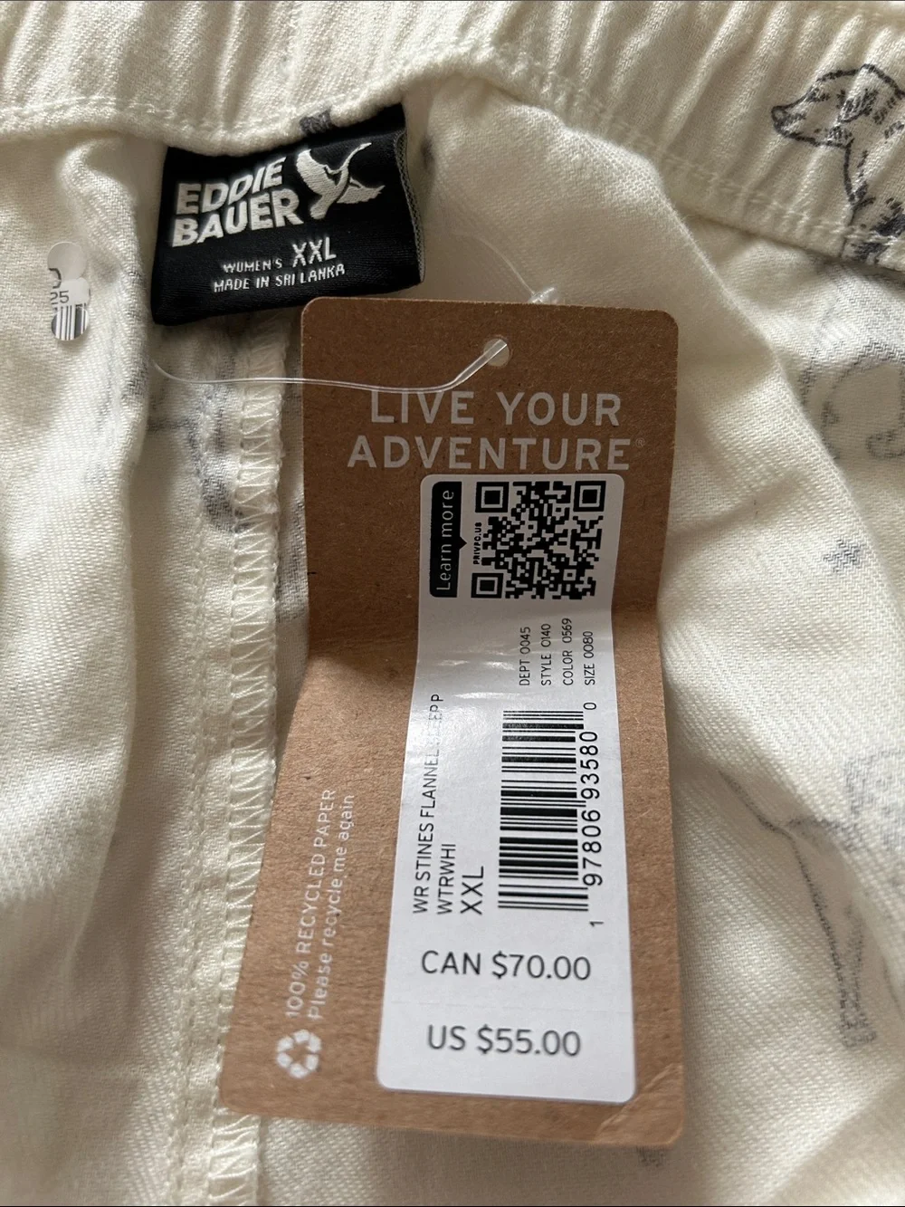 NWT Eddie Bauer cream colored cotton flannel pajama bottoms with black Dog Print